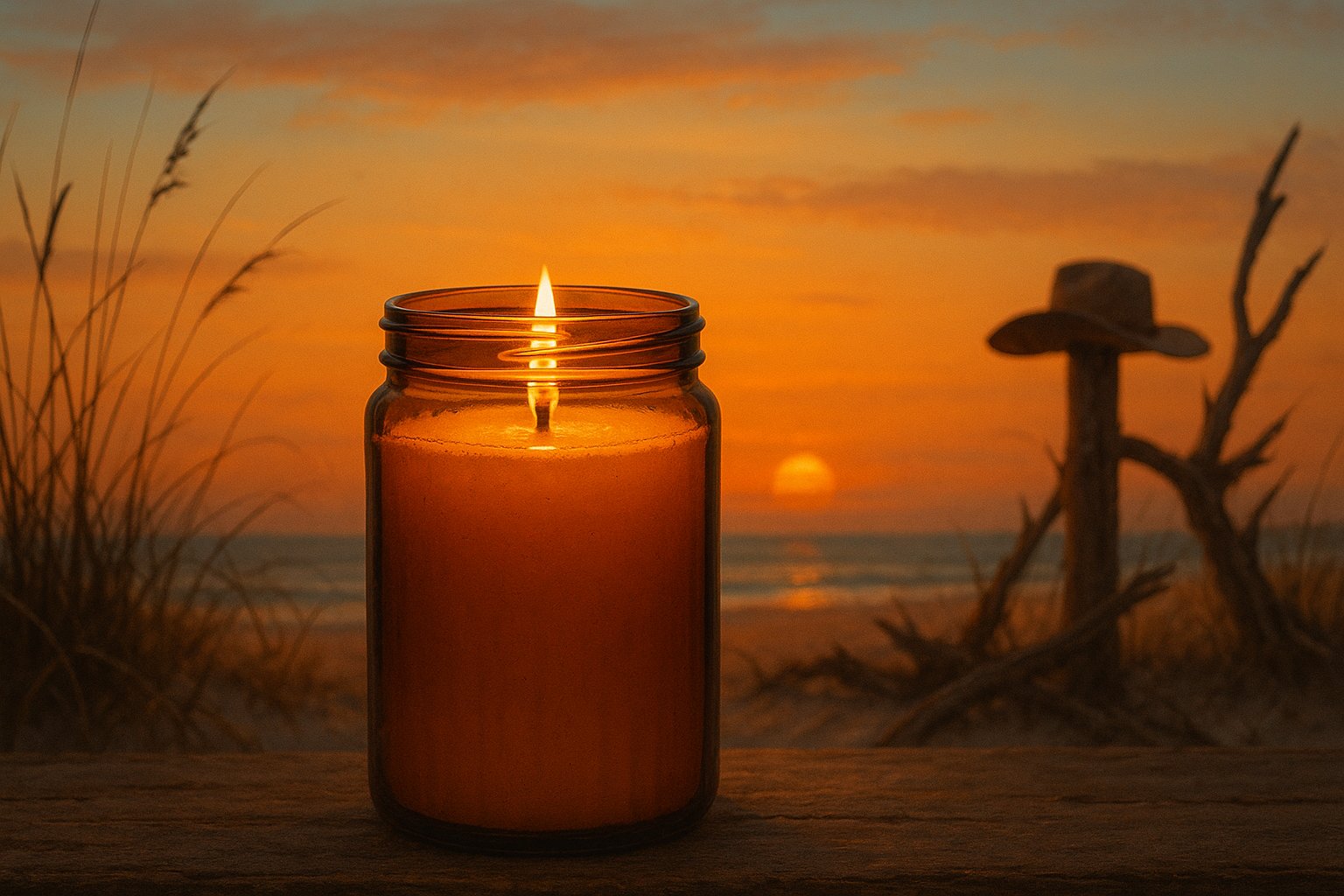 9 inch amber glass straight sided jar with a lit candle and no label with background that represents a gulf coast cowboy
